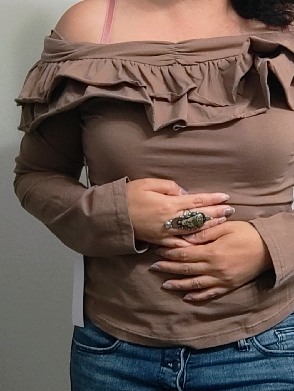 Off-the-Shoulder Ruffle Long Sleeve Top - Taupe